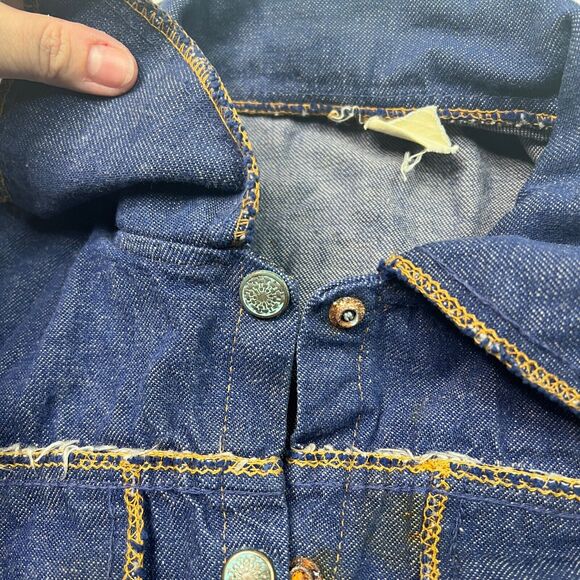 Vintage 70s Big Spread Collar Snap Front Denim Jacket Nature Patch FLAW Youth 7 - Picture 8 of 9